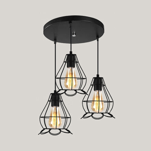 Vintage Industrial Caged Pendant Lighting - 3-Head Metallic Ceiling Light Black