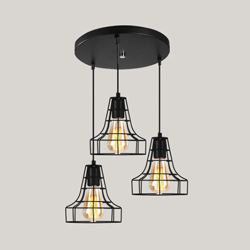 Vintage Industrial Caged Pendant Lighting - 3-Head Metallic Ceiling Light Black