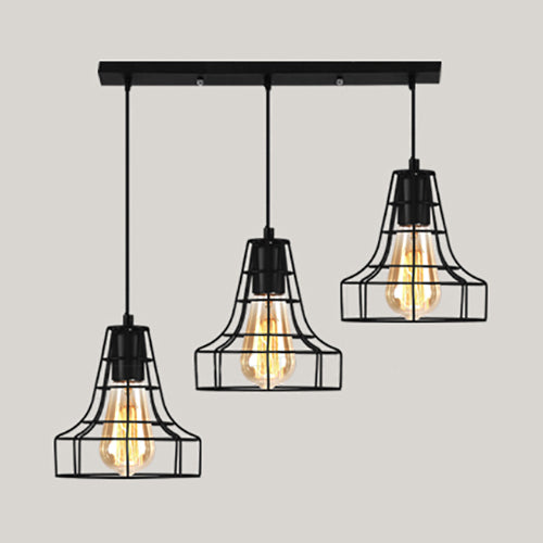 Vintage Industrial Caged Pendant Lighting - 3-Head Metallic Ceiling Light Black / F Linear