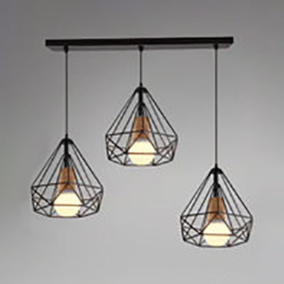 Industrial Style Pendant Lighting with Diamond Cage Shade and Metallic Black Finish - Set of 3 Bulbs