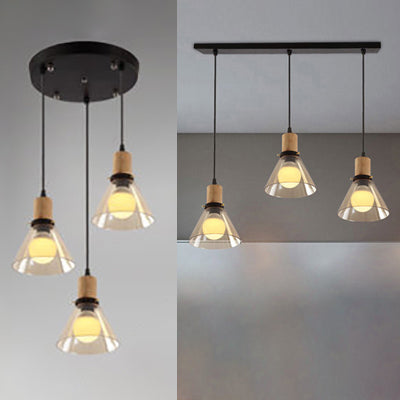 Industrial Clear Glass Cluster Pendant with Wood Frame - 3-Light - Round/Linear Canopy - Perfect for Living Room