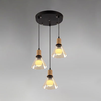 Industrial Clear Glass Cluster Pendant with Wood Frame - 3-Light - Round/Linear Canopy - Perfect for Living Room