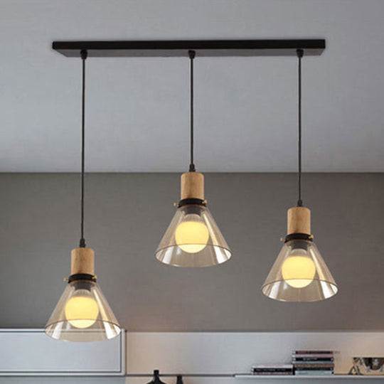 Industrial Clear Glass Cluster Pendant with Wood Frame - 3-Light - Round/Linear Canopy - Perfect for Living Room