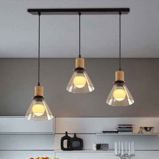 Industrial Clear Glass Cluster Pendant with Wood Frame - 3-Light - Round/Linear Canopy - Perfect for Living Room