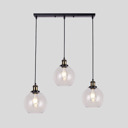 Industrial Style Brass Pendant Light Kit With Round/Barn/Admix Clear Glass Shades - 3-Light Hanging