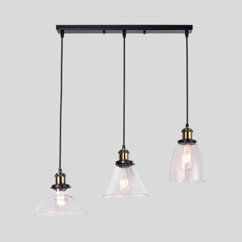 Industrial Style Brass Pendant Light Kit With Round/Barn/Admix Clear Glass Shades - 3-Light Hanging