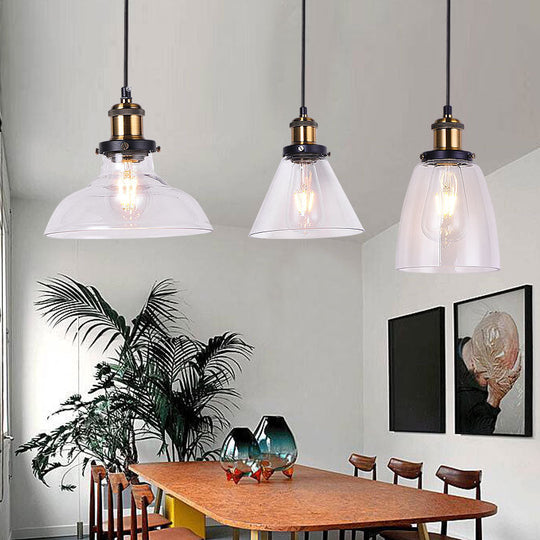 Industrial Style Brass Pendant Light Kit With Round/Barn/Admix Clear Glass Shades - 3-Light Hanging