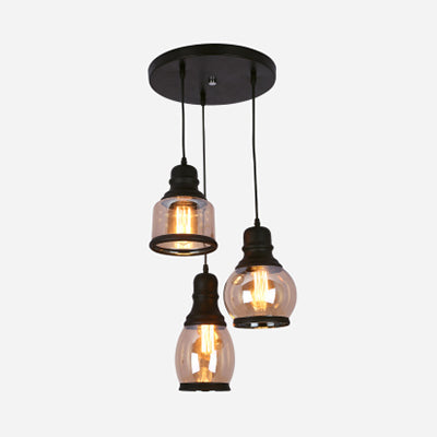 Industrial Amber Glass Pendant Light For Coffee Shops - 3-Light Black Ceiling Fixture / Round