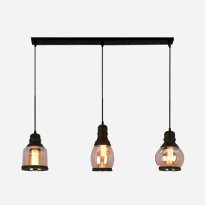 Industrial Amber Glass Pendant Light For Coffee Shops - 3-Light Black Ceiling Fixture / Linear