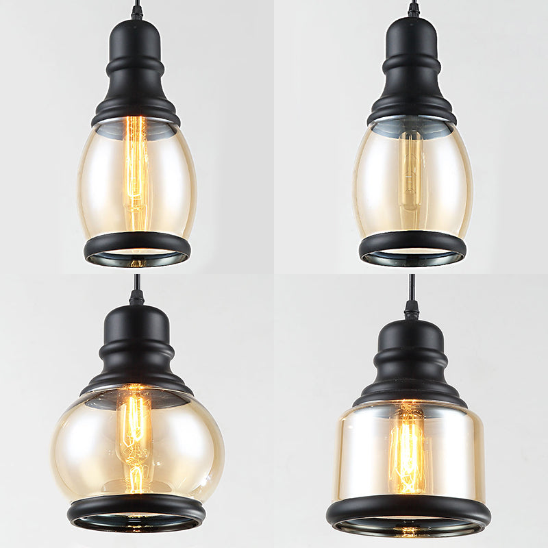 Industrial Amber Glass Pendant Light For Coffee Shops - 3-Light Black Ceiling Fixture