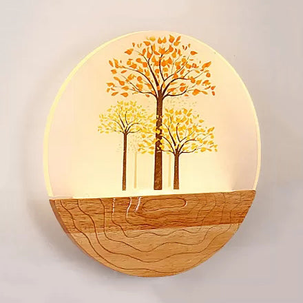 Circle Living Room Wall Light In Natural View Wood Rustic Beige / A