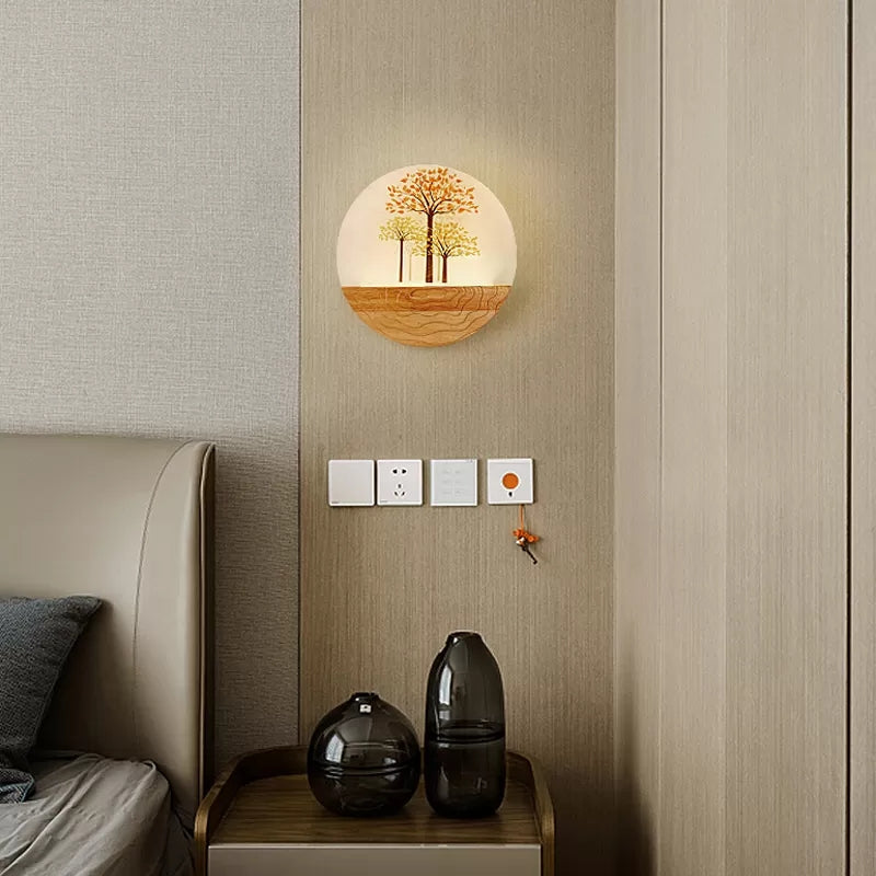 Circle Living Room Wall Light In Natural View Wood Rustic Beige