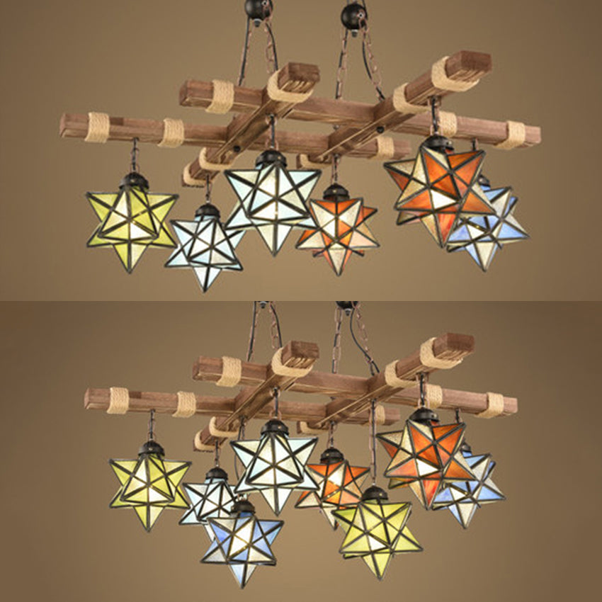 Rustic Stained Glass Loft Star Pendant Chandelier - 6/8 Lights - Ideal for Restaurants