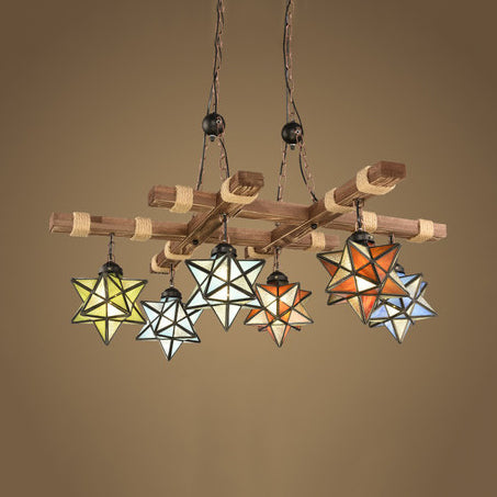 Rustic Stained Glass Loft Star Pendant Chandelier - 6/8 Lights - Ideal for Restaurants