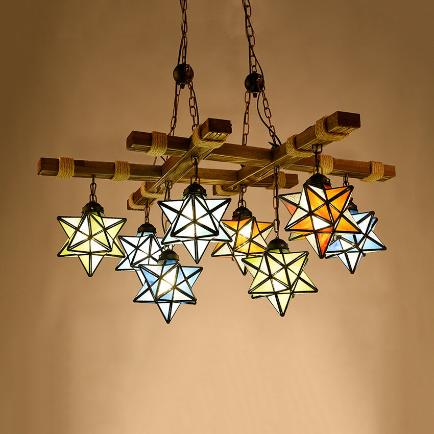 Rustic Stained Glass Loft Star Pendant Chandelier - 6/8 Lights - Ideal for Restaurants