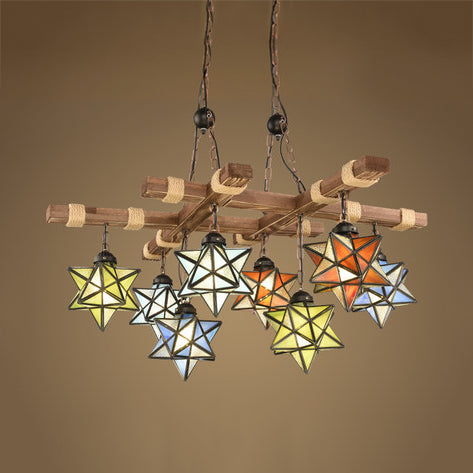 Rustic Stained Glass Loft Star Pendant Chandelier - 6/8 Lights - Ideal for Restaurants