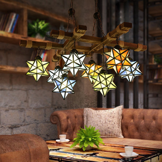 Rustic Stained Glass Loft Star Pendant Chandelier - 6/8 Lights - Ideal for Restaurants