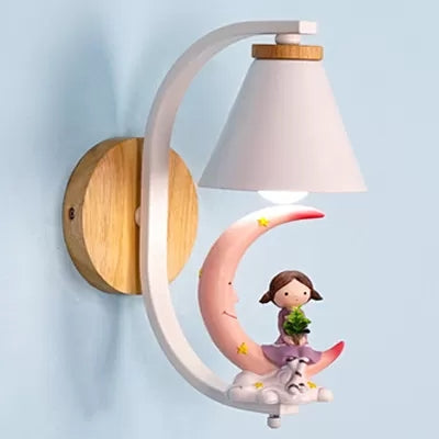 Little Kid Deco Funnel Shade Wall Light: Lovely 1 Head Metal Sconce For Child Bedroom Pink