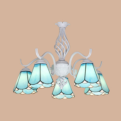 5-Light Tiffany Pendant Chandelier: Conical Stained Glass Shade In White/Blue For Living Room Blue