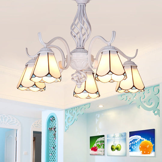 5-Light Tiffany Pendant Chandelier: Conical Stained Glass Shade In White/Blue For Living Room White