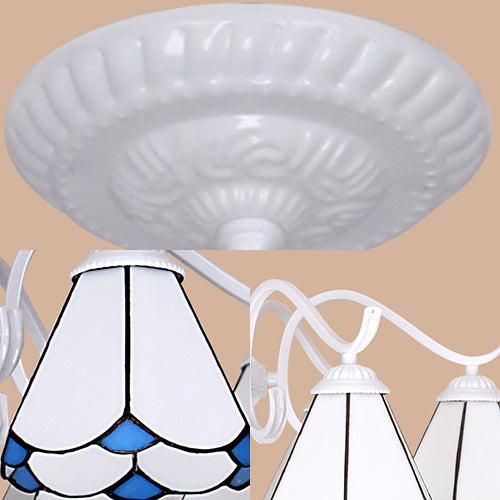 5-Light Tiffany Pendant Chandelier: Conical Stained Glass Shade In White/Blue For Living Room