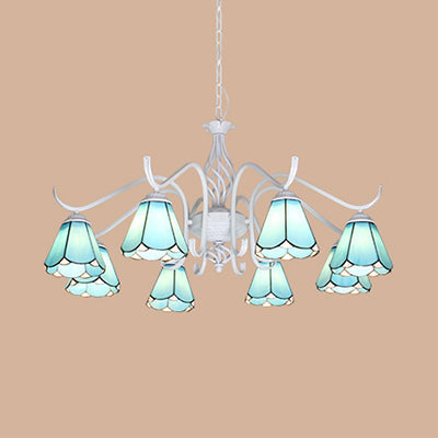 Blue/White Tiffany Indoor Pendant Light: Multi Light Cone Chandelier with Metal Chain - Ideal for Living Room