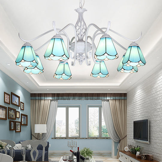 Blue/White Tiffany Indoor Pendant Light: Multi Light Cone Chandelier with Metal Chain - Ideal for Living Room