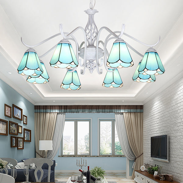 Blue/White Multi-Light Cone Chandelier: Metal Chain Glass Tiffany Pendant Light For Living Room Blue