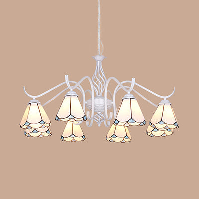 Blue/White Multi-Light Cone Chandelier: Metal Chain Glass Tiffany Pendant Light For Living Room