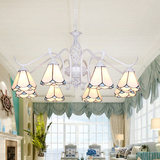 Blue/White Tiffany Indoor Pendant Light: Multi Light Cone Chandelier with Metal Chain - Ideal for Living Room