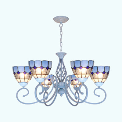 Mediterranean Stained Glass Pendant Chandelier in Light Blue - 3/5/6 Lights for Kitchen