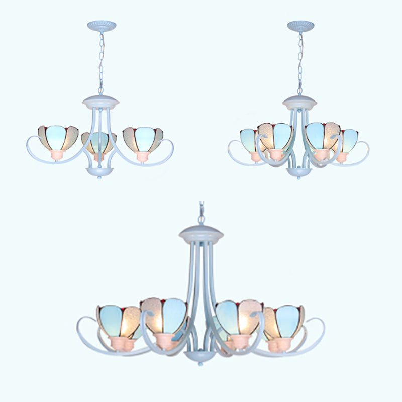 Modern Petal Chandelier: 3/6/8-Light Stained Glass Ceiling Light In Blue For Hallway - With Hanging