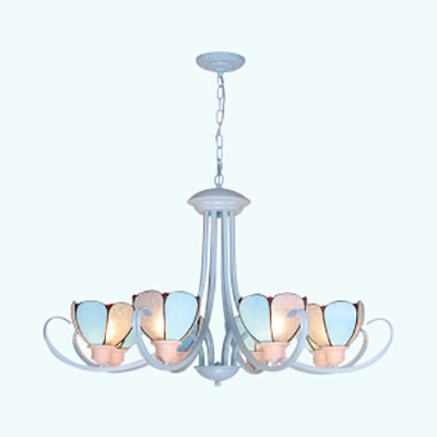 Stained Glass Petal Chandelier with Hanging Chain - Blue 3/6/8 Lights - Modern Ceiling Light for Hall