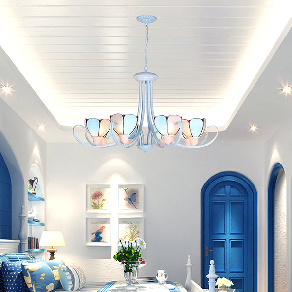 Modern Petal Chandelier: 3/6/8-Light Stained Glass Ceiling Light In Blue For Hallway - With Hanging