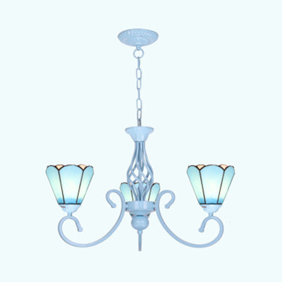 Blue/White Conical Hanging Chandelier - Metal Chain Tiffany 3-Light Stained Glass Drop Ceiling Light