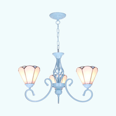 Blue/White Stained Glass Chandelier With Conical Shape And Metal Chain - Tiffany Inspired 3-Light