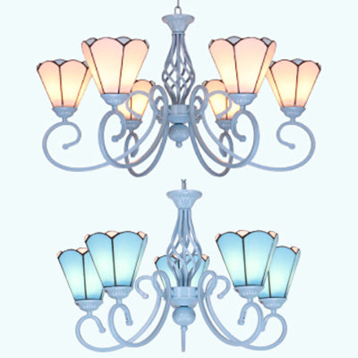 Tiffany Stained Glass Chandelier - Conical Design Metal Chain & Curved Arms 5/6 Lights White Pendant