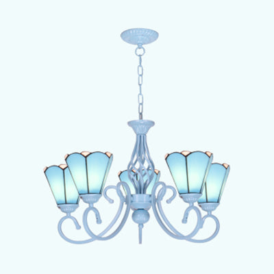 Tiffany Stained Glass Chandelier - Conical Design Metal Chain & Curved Arms 5/6 Lights White Pendant