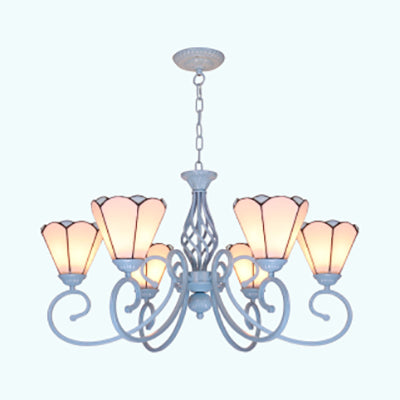 Adjustable Chain Chandelier: 6-Light Conical Ceiling Pendant Lamp In Blue/White Traditional Glass