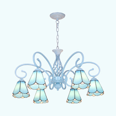 Adjustable Chain Chandelier: 6-Light Conical Ceiling Pendant Lamp In Blue/White Traditional Glass