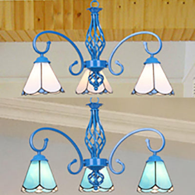 Blue Tiffany Chandelier - Curved Arms with Stained Glass Cone Shades - 3 Lights - Perfect for Foyer in White/Blue