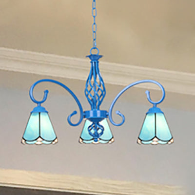 Blue Tiffany Chandelier - Curved Arms with Stained Glass Cone Shades - 3 Lights - Perfect for Foyer in White/Blue