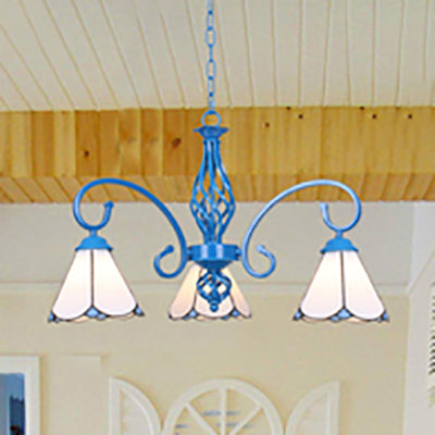 Blue Tiffany Chandelier - Curved Arms with Stained Glass Cone Shades - 3 Lights - Perfect for Foyer in White/Blue