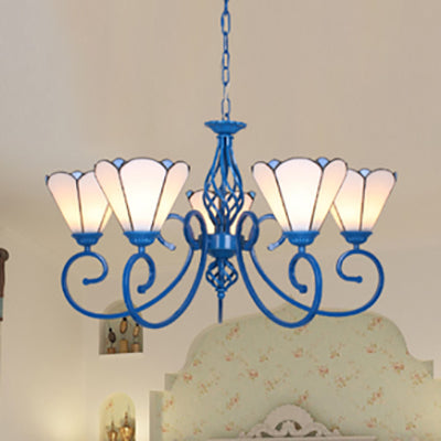 Blue and White Stained Glass Chandelier with Curved Arm and Metal Chain