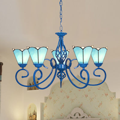 Blue and White Stained Glass Chandelier with Curved Arm and Metal Chain