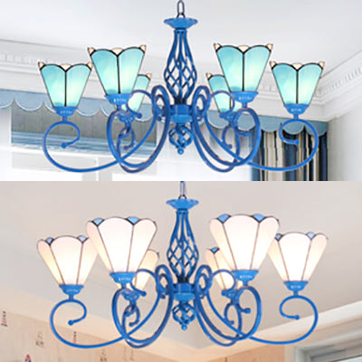 Blue Curved Arm Tiffany 6-Light Stained Glass Cone Ceiling Chandelier in White/Blue