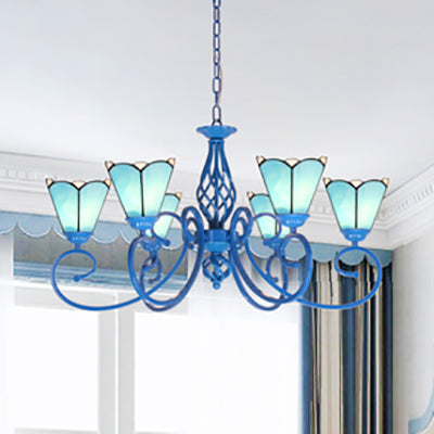 Blue Curved Arm Tiffany 6-Light Stained Glass Cone Ceiling Chandelier in White/Blue