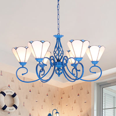 Blue Curved Arm Tiffany 6-Light Stained Glass Cone Ceiling Chandelier in White/Blue