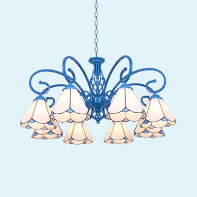 Tiffany Glass Petal Chandelier with Adjustable Chain and Curved Arm in Blue/White