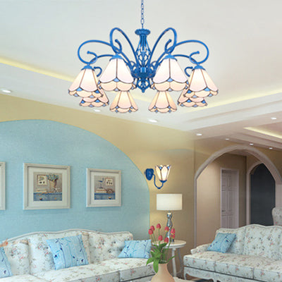 Petal Chandelier With Tiffany Glass Pendant In Blue/White And Adjustable Chain White